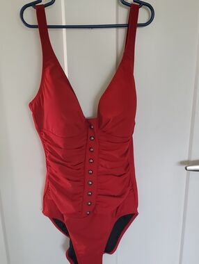 Gottex Red Ruched One-Piece Swimsuit with Button Detail